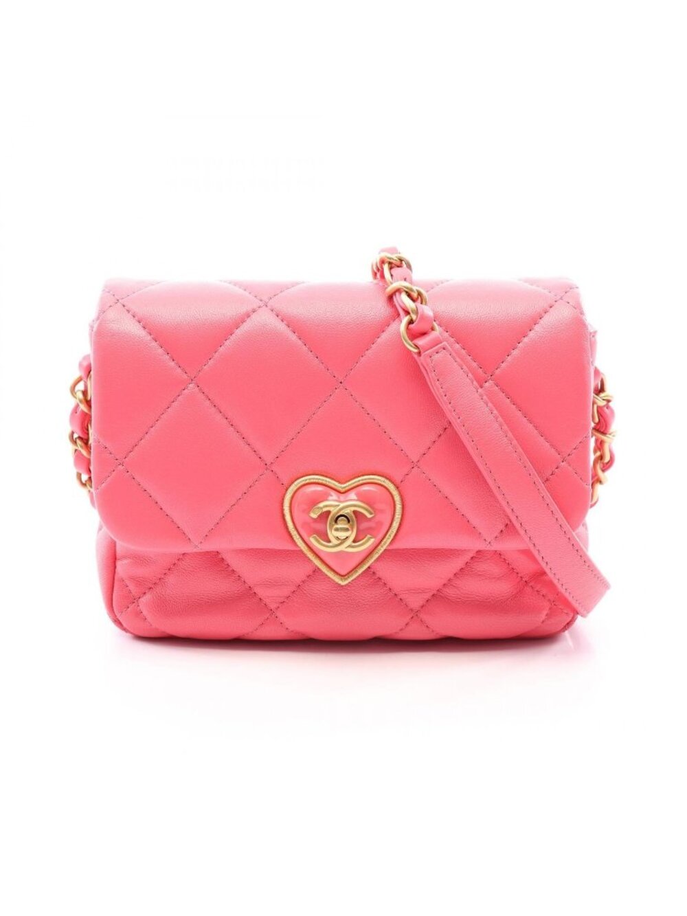 Chanel Shoulder Bag Quilted Heart Lock Fuchsia Pink Lambskin Chain